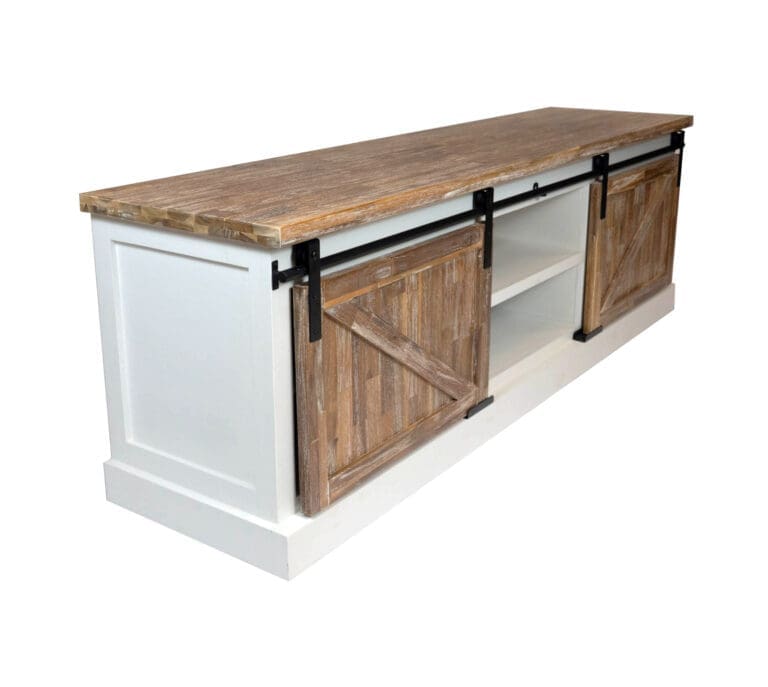 Landelijk TV-meubel met deuren op rail en laden