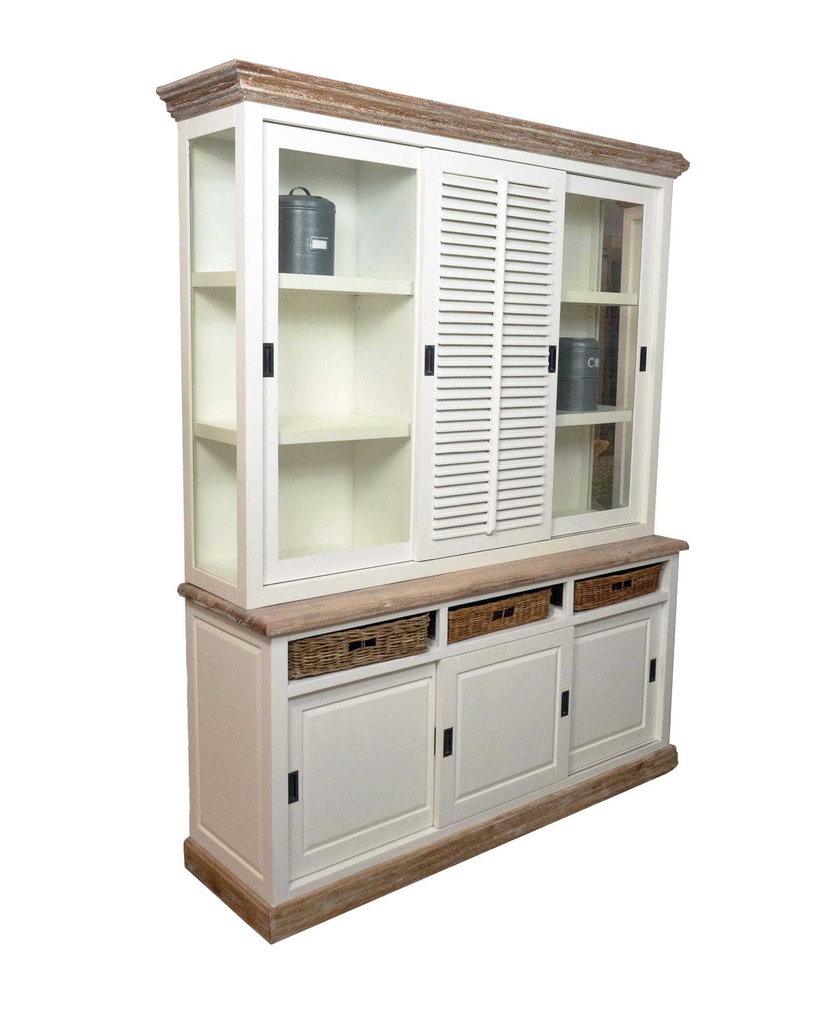 Landelijke vitrinekast, wit, met of zonder shutterdeur, manden