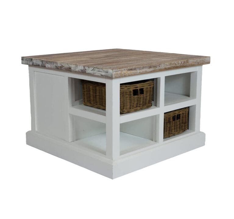 Landelijk salontafeltje, bijzettafeltje, wit, mandjes