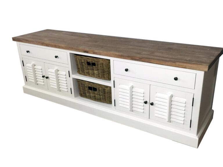 Landelijk TV-meubel, wit, shutters.