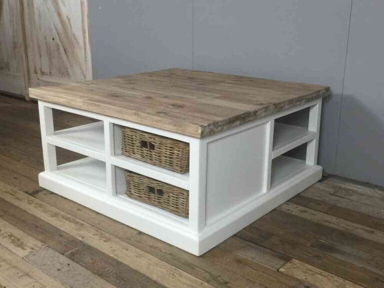 Landelijke salontafel, vierkant, wit, incl. vier manden